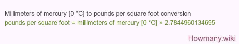 Millimeters of mercury [0 °C] to pounds per square foot conversion